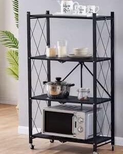 EMZJ 4 Tier Foldable Storage Shelves, Microwave Cart with Wheels, Portable Shelving Unit for Kitchen, Bathroom, Garage, Book Organizer, Black