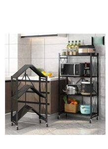 EMZJ 4 Tier Foldable Storage Shelves for Kitchen Rack No Assembly Shelving on Wheels Rolling Cart Garage Bathroom BOOK Organizer Unit J029