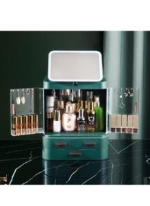 EMZJ Two Door Makeup Organizer with LED Mirror Large Cosmetic Storage Box Jewelry Display Case
