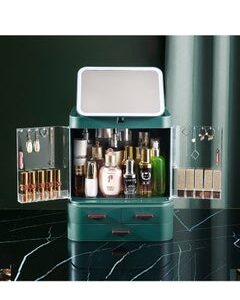EMZJ Two Door Makeup Organizer with LED Mirror Large Cosmetic Storage Box Jewelry Display Case