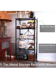 EMZJ 5 Tier Foldable Storage Shelves for Kitchen Rack No Assembly Shelving on Wheels Rolling Cart Garage Bathroom BOOK Organizer Unit J030