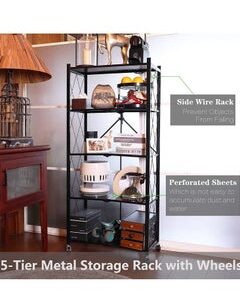 EMZJ 5 Tier Foldable Storage Shelves for Kitchen Rack No Assembly Shelving on Wheels Rolling Cart Garage Bathroom BOOK Organizer Unit J030