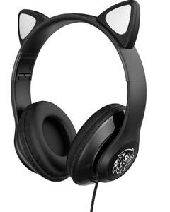 STN Stereo Gaming Cat Headset for PS4 PC Xbox One PS5 Controller Laptop Noise Cancelling Over Ear Headphones with Mic LED Light Bass Booster Soft Memory Earmuffs Black