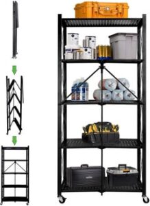 EMZJ 5 Tier Foldable Storage Shelves for Kitchen Rack No Assembly Shelving On Wheels Rolling Cart Garage Bathroom BooK Organizer Unit J030