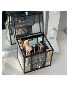 DARIYAH Makeup Box Cosmetics Storage Glass Cosmetics Storage Box Dustproof Home Bathroom Lipstick Makeup Brush Desktop Stand Easy Organization Large Capacity Black