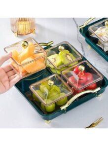 DARIYAH 4-Grid Divided Serving Tray with Lid - Veggie, Dry Nuts, Candy, Fruit, Salad, and crudite Platter, Kids Snack Organizer XQ-004