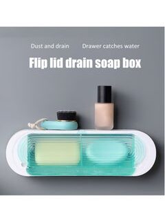 EMZJ Soap Rack Box with Flip Lid Wall Mounted Rack Two Compartments Space Saving Water Collection Tray XQ-036