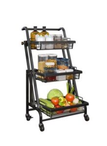 EMZJ Kitchen Floor-mounted Trolley Rack Multifunctional Parallel Folding Vegetable and Fruit Storage Basket 360 Degree Rotation