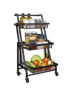 EMZJ Kitchen Floor-mounted Trolley Rack Multifunctional Parallel Folding Vegetable and Fruit Storage Basket 360 Degree Rotation